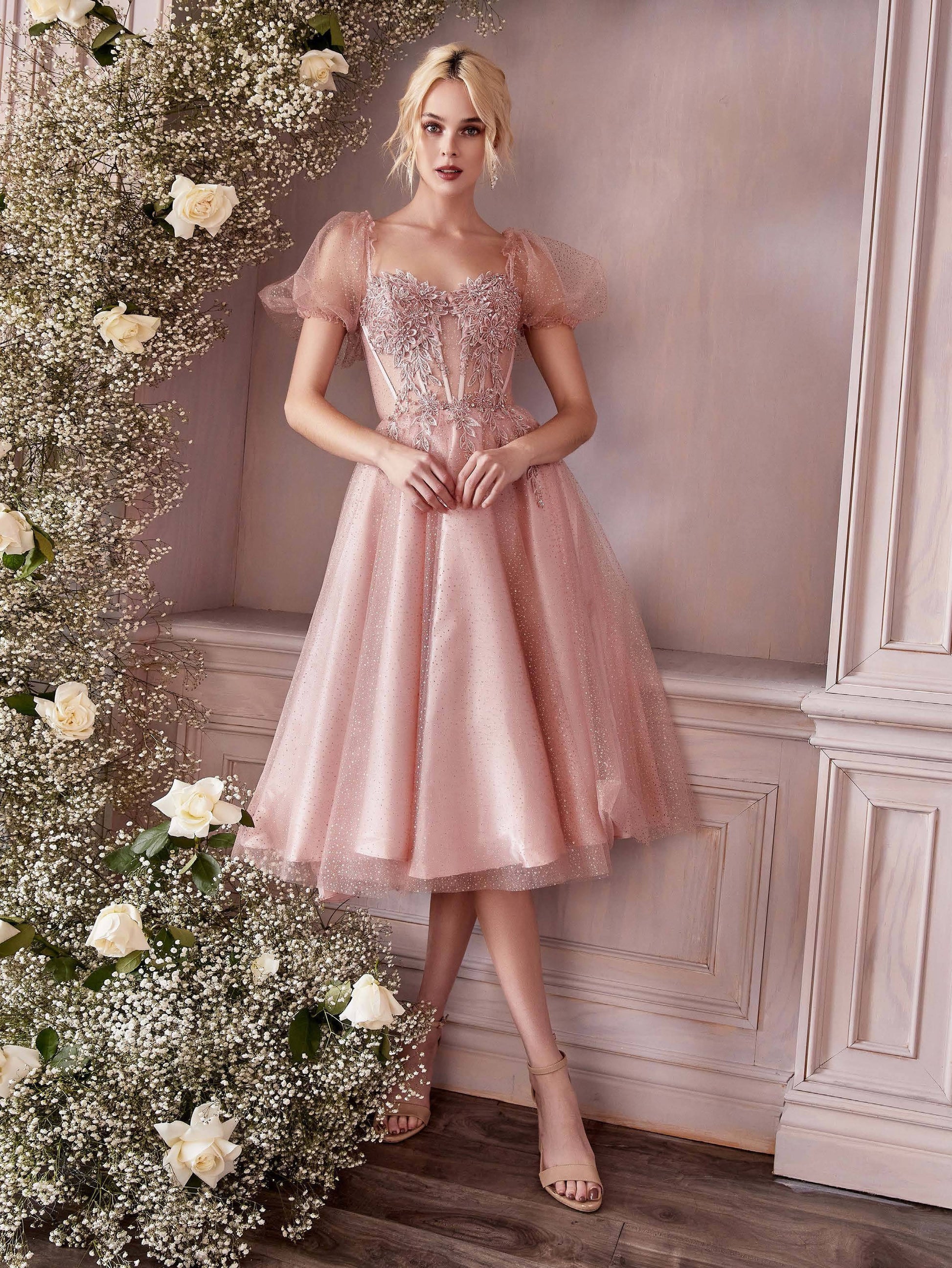cinderella midi dress Strapless Midi A-Line Prom Dress with Lace-Up Back Rose Pink / Large