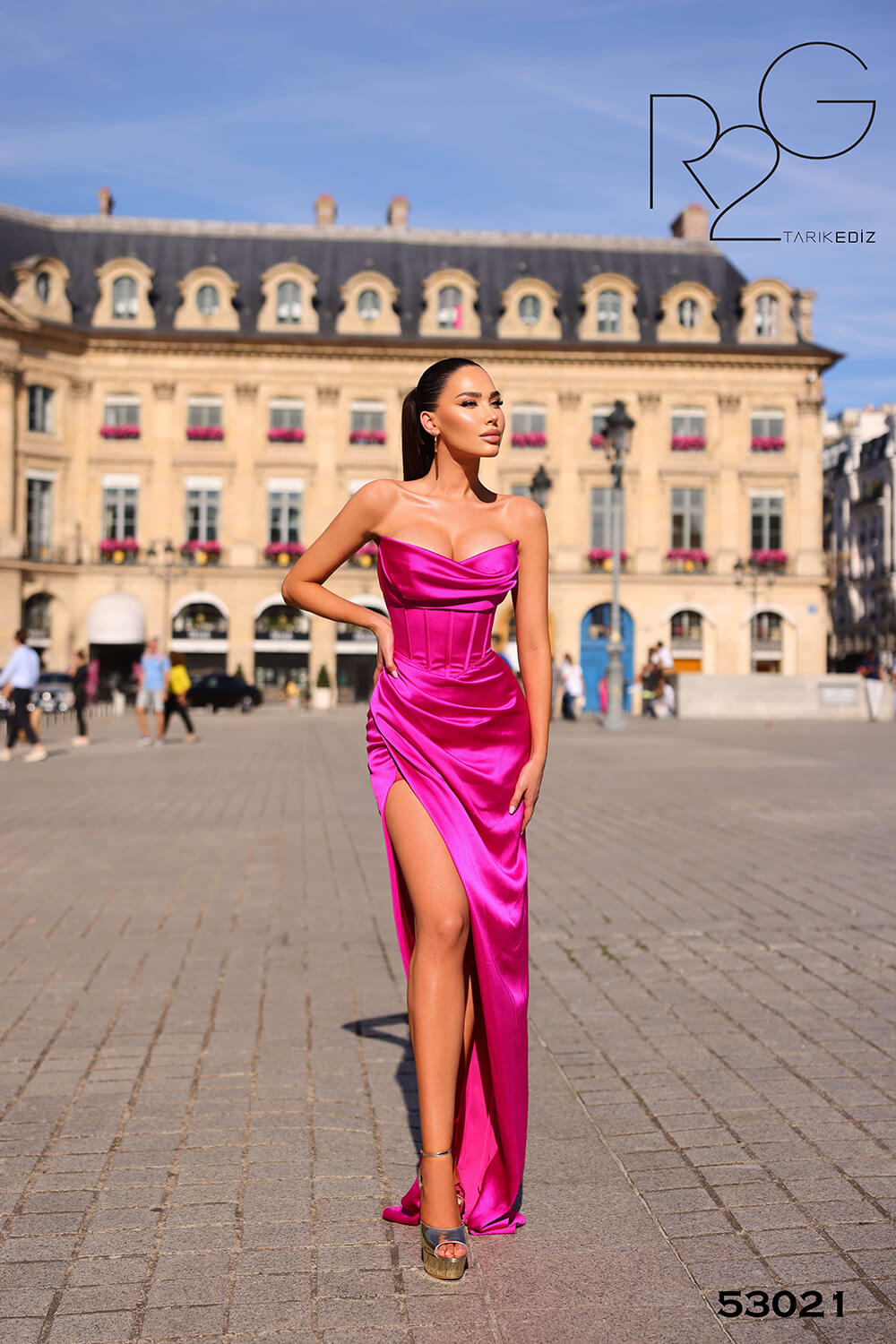 Tarik Ediz 53021 Strapless Fitted Satin High Slit Evening Dress | B Chic Fashions Tarik Ediz 53021 Strapless Fitted Satin High Slit Evening Dress | B Chic Fashions