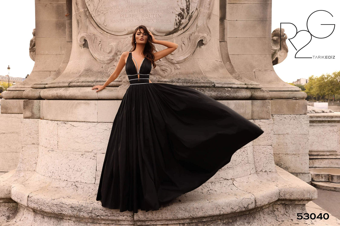Tarik Ediz 53040 Taffeta Ball Gown with Pleating and Ruffles