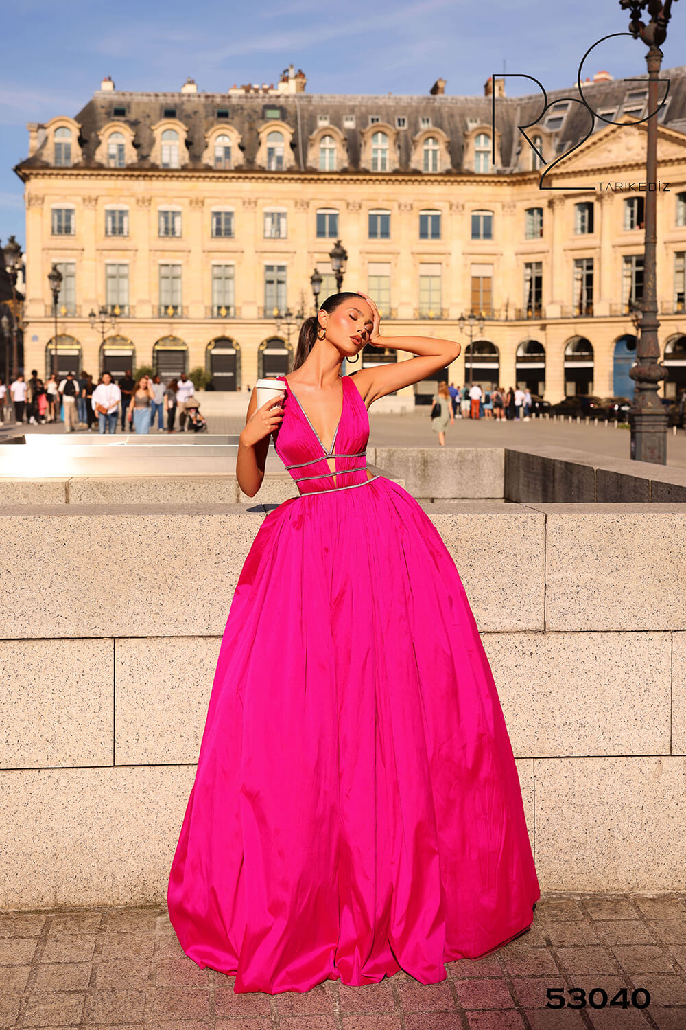 Tarik Ediz 53040 Taffeta Ball Gown with Pleating and Ruffles