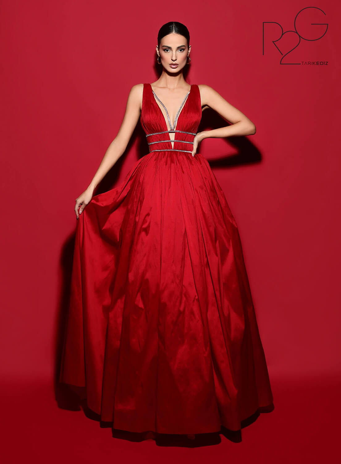 Tarik Ediz 53040 Taffeta Ball Gown with Pleating and Ruffles