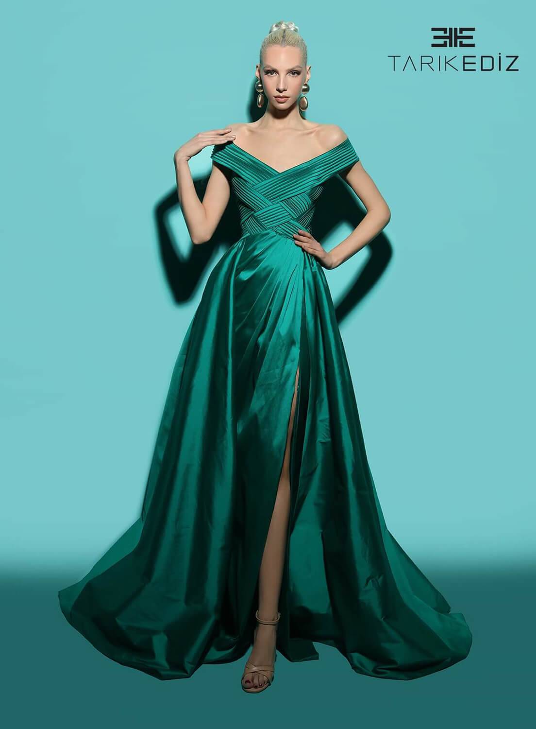 Tarik Ediz 98432 Taffeta Fabric V-Neck Neckline A-Line Long Dress