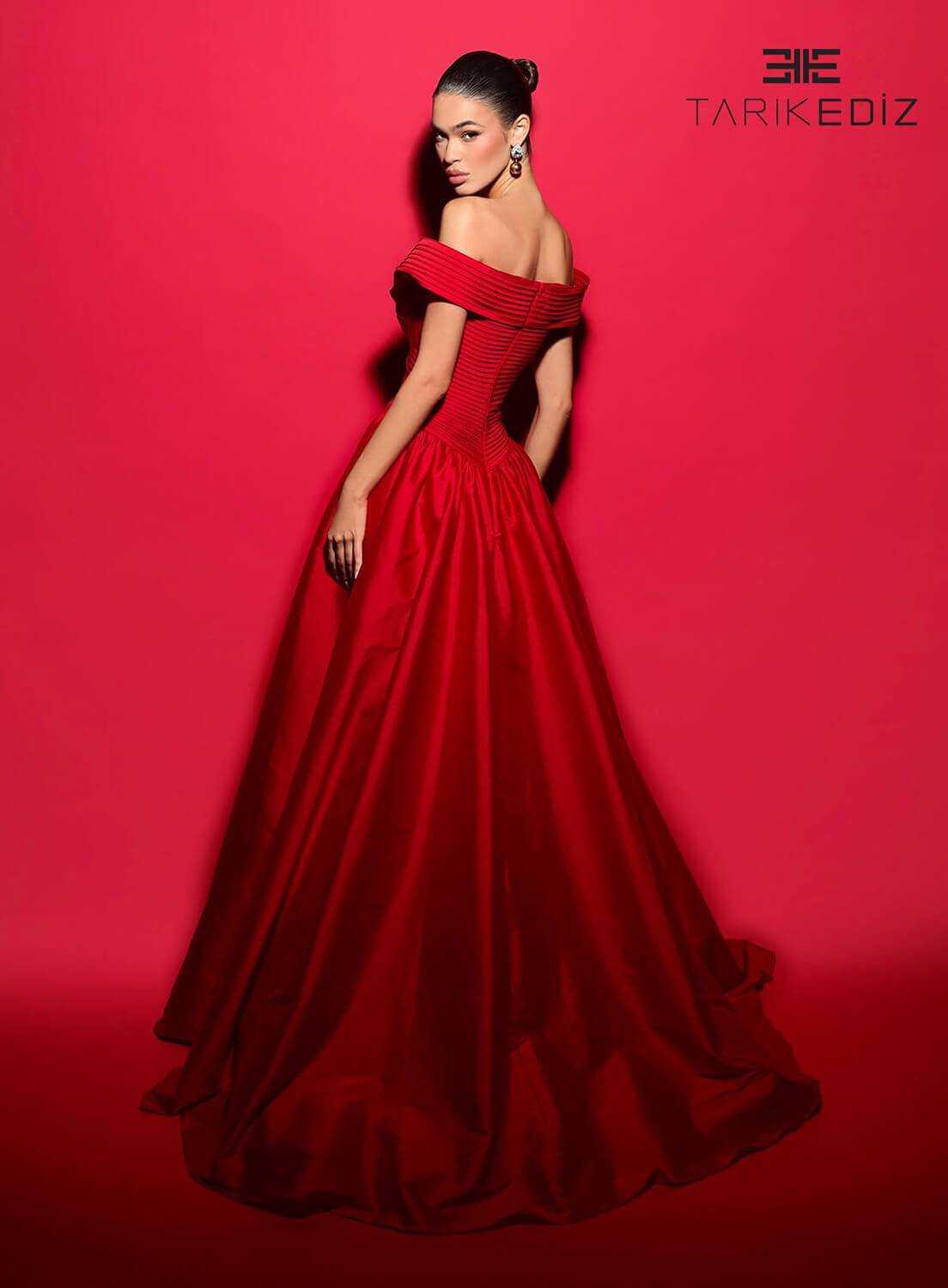 Tarik Ediz 98432 Taffeta Fabric V-Neck Neckline A-Line Long Dress