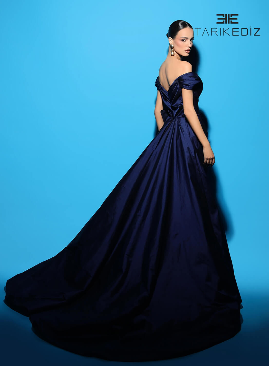 Tarik Ediz 98458 Taffeta Fabric V-Neck Neckline Fitted Long Dress