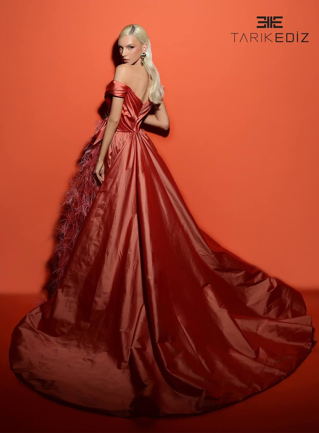 Tarik Ediz 98458 Taffeta Fabric V-Neck Neckline Fitted Long Dress