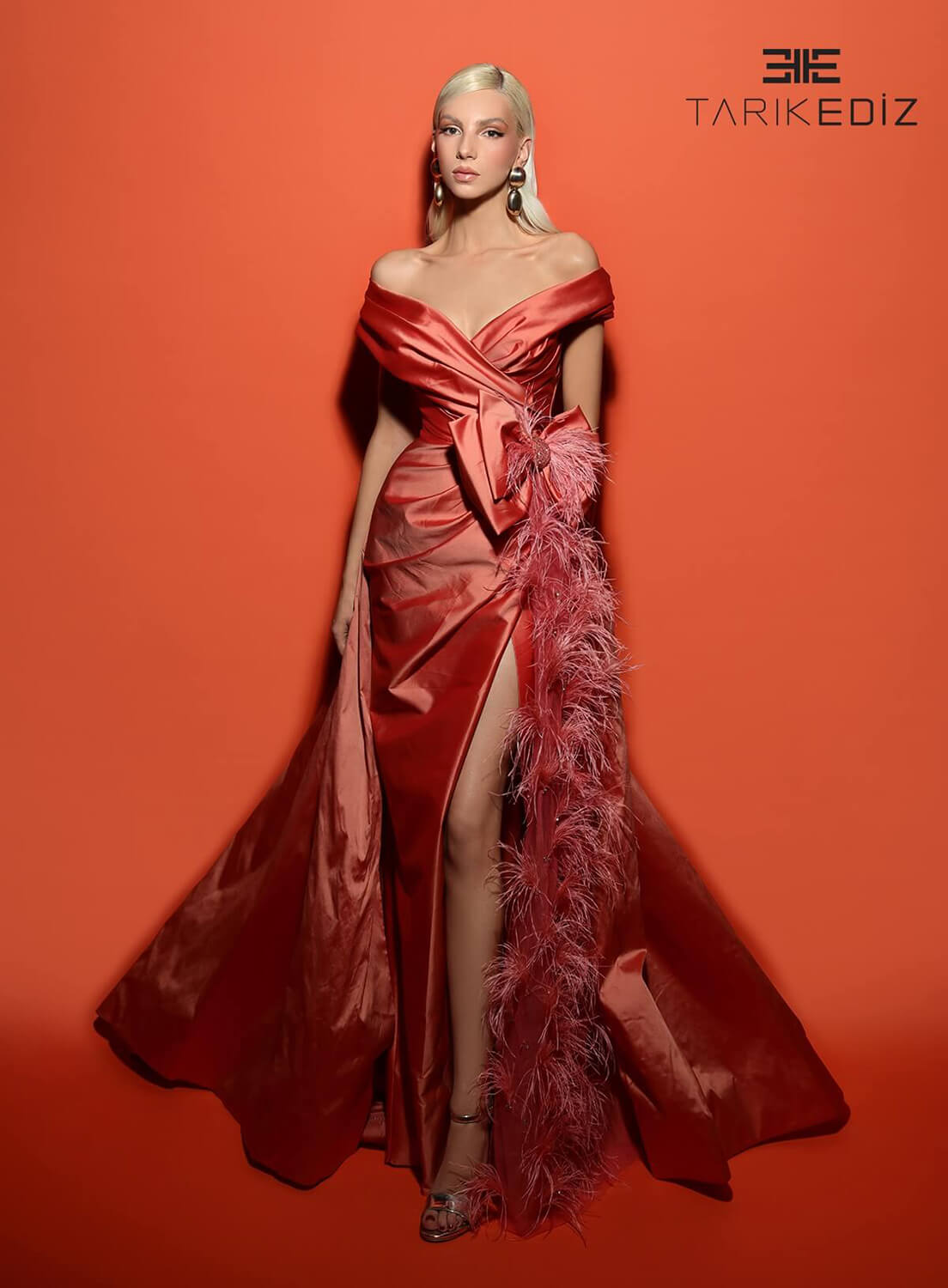 Tarik Ediz 98458 Taffeta Fabric V-Neck Neckline Fitted Long Dress
