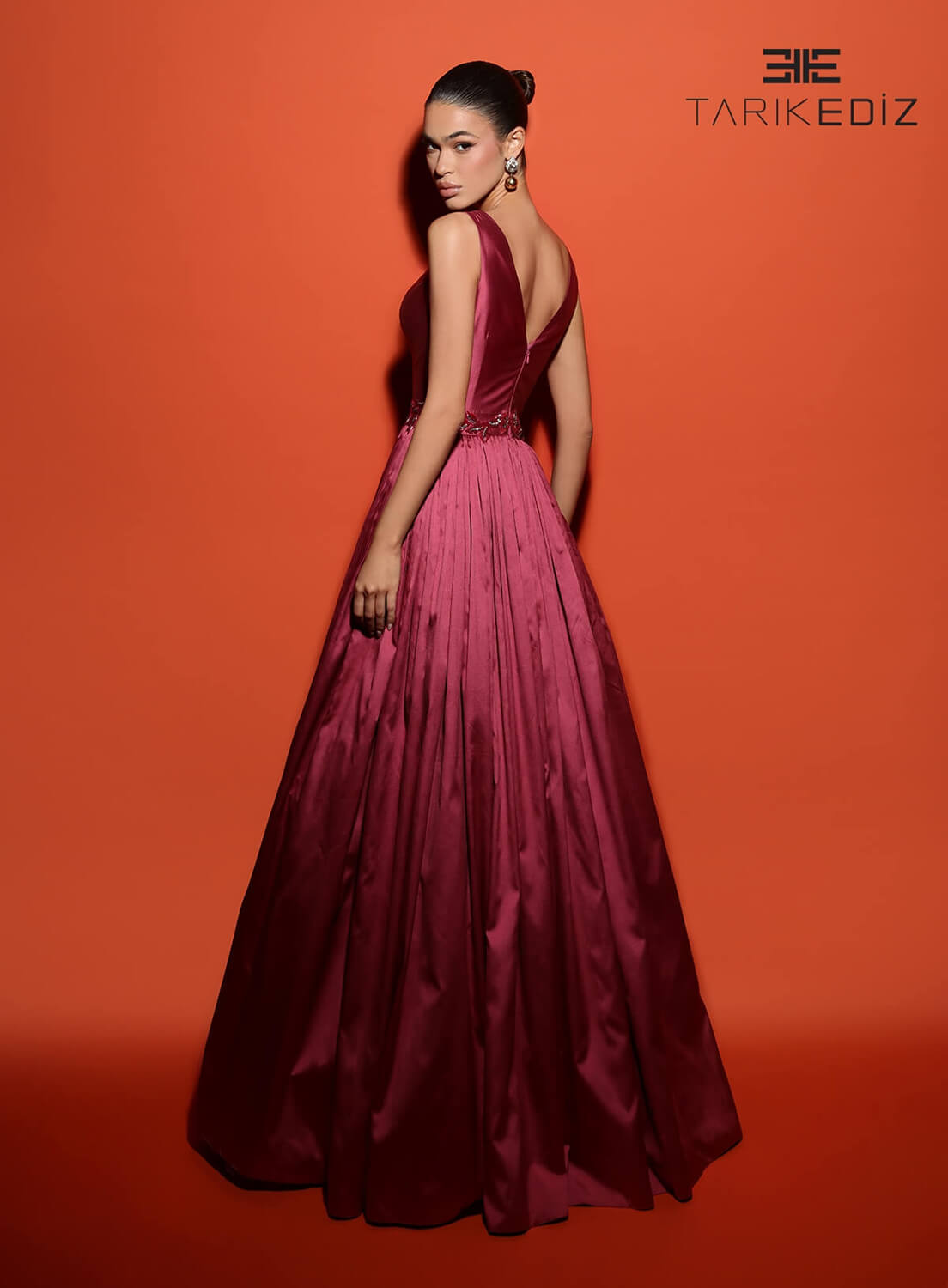 Tarik Ediz 98480 Taffeta Fabric V-Neck Neckline Ball Gowns Long Dress