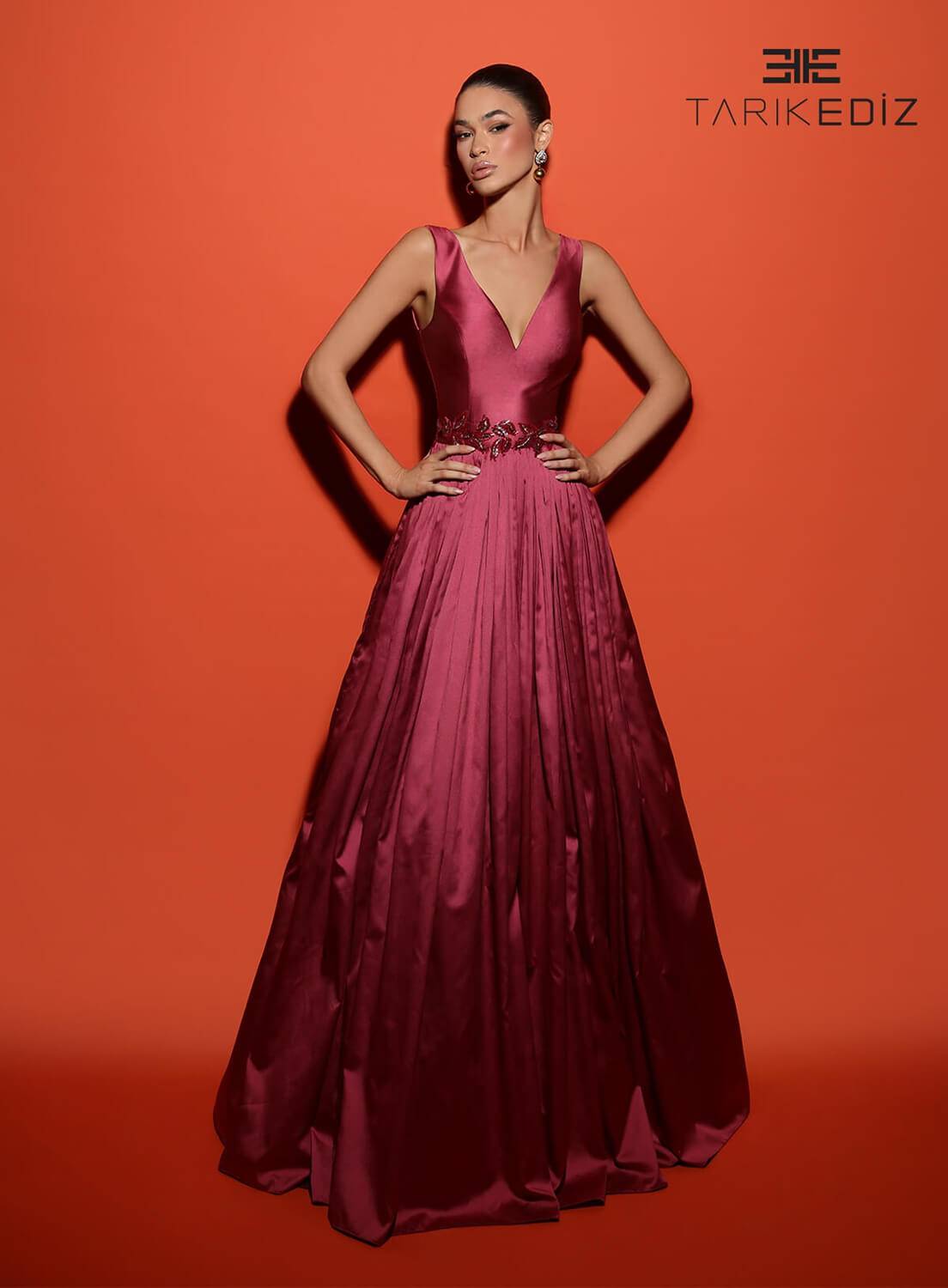 Tarik Ediz 98480 Taffeta Fabric V-Neck Neckline Ball Gowns Long Dress