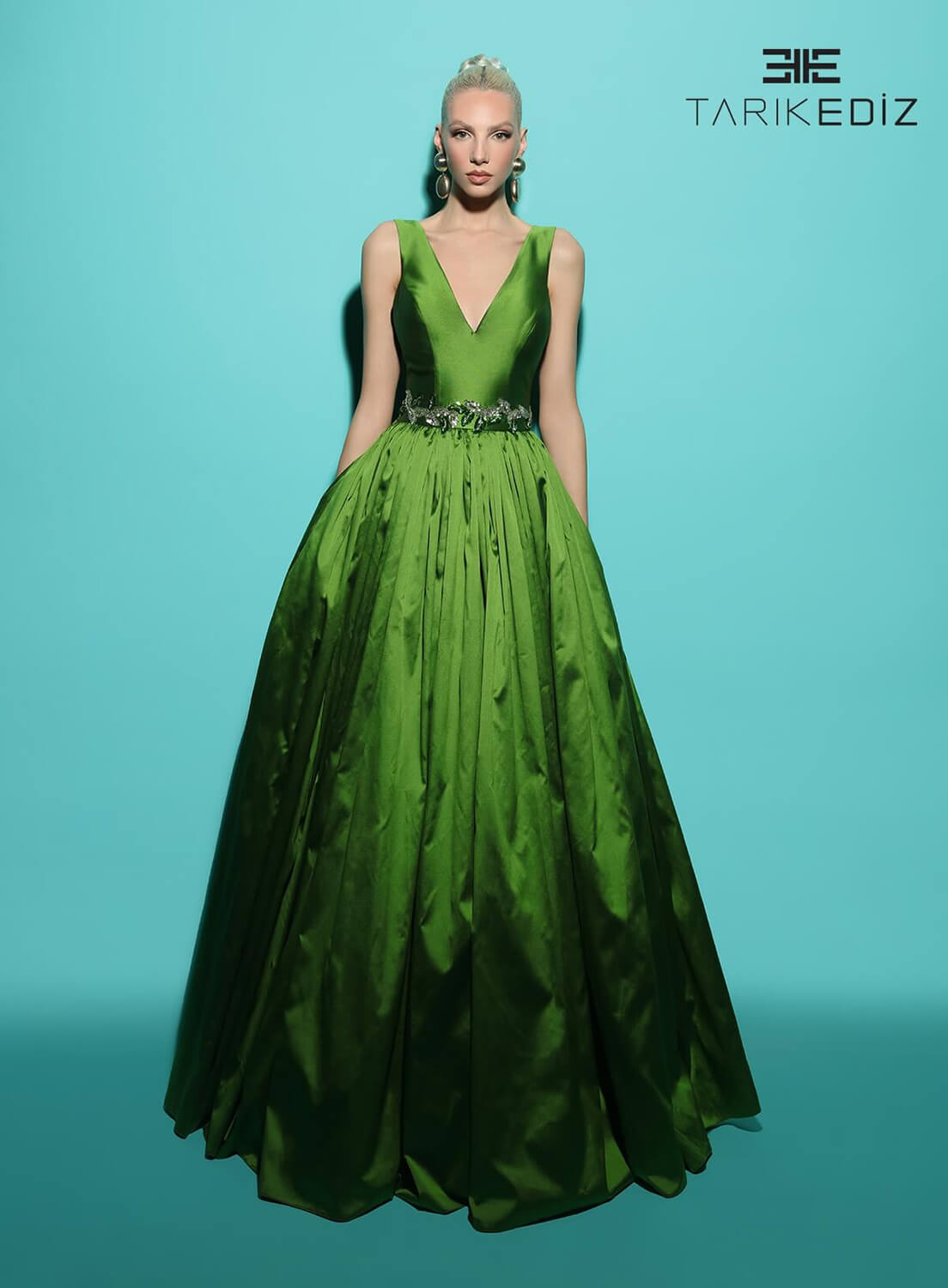 Tarik Ediz 98480 Taffeta Fabric V-Neck Neckline Ball Gowns Long Dress
