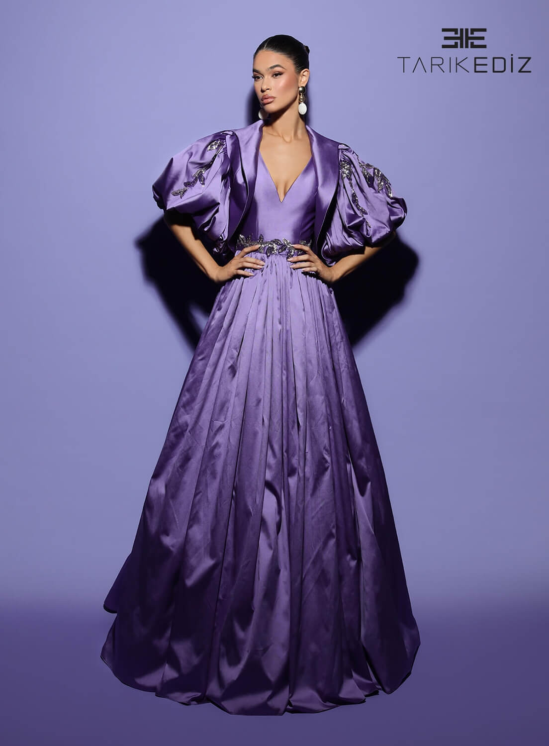Tarik Ediz 98481 Taffeta Fabric V-Neck Neckline Ball Gowns Long Dress