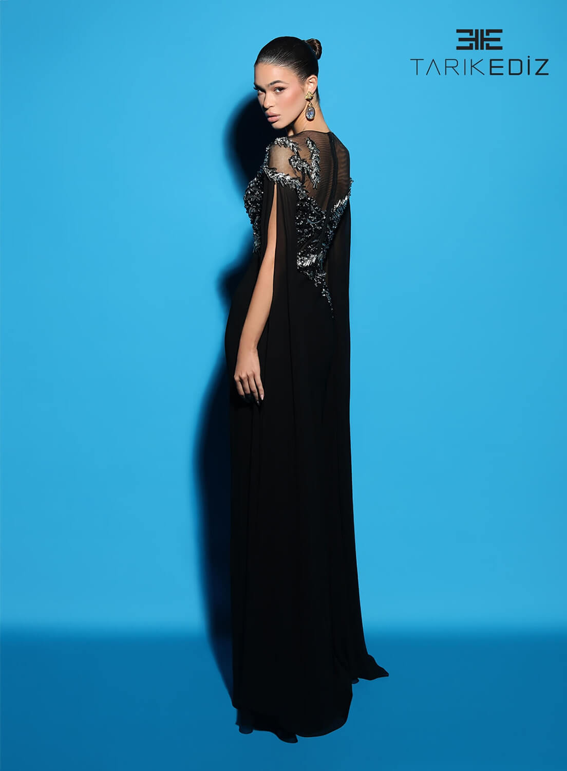 Tarik Ediz 98493 Chiffon Fabric Illusion Neckline Fitted Long Dress