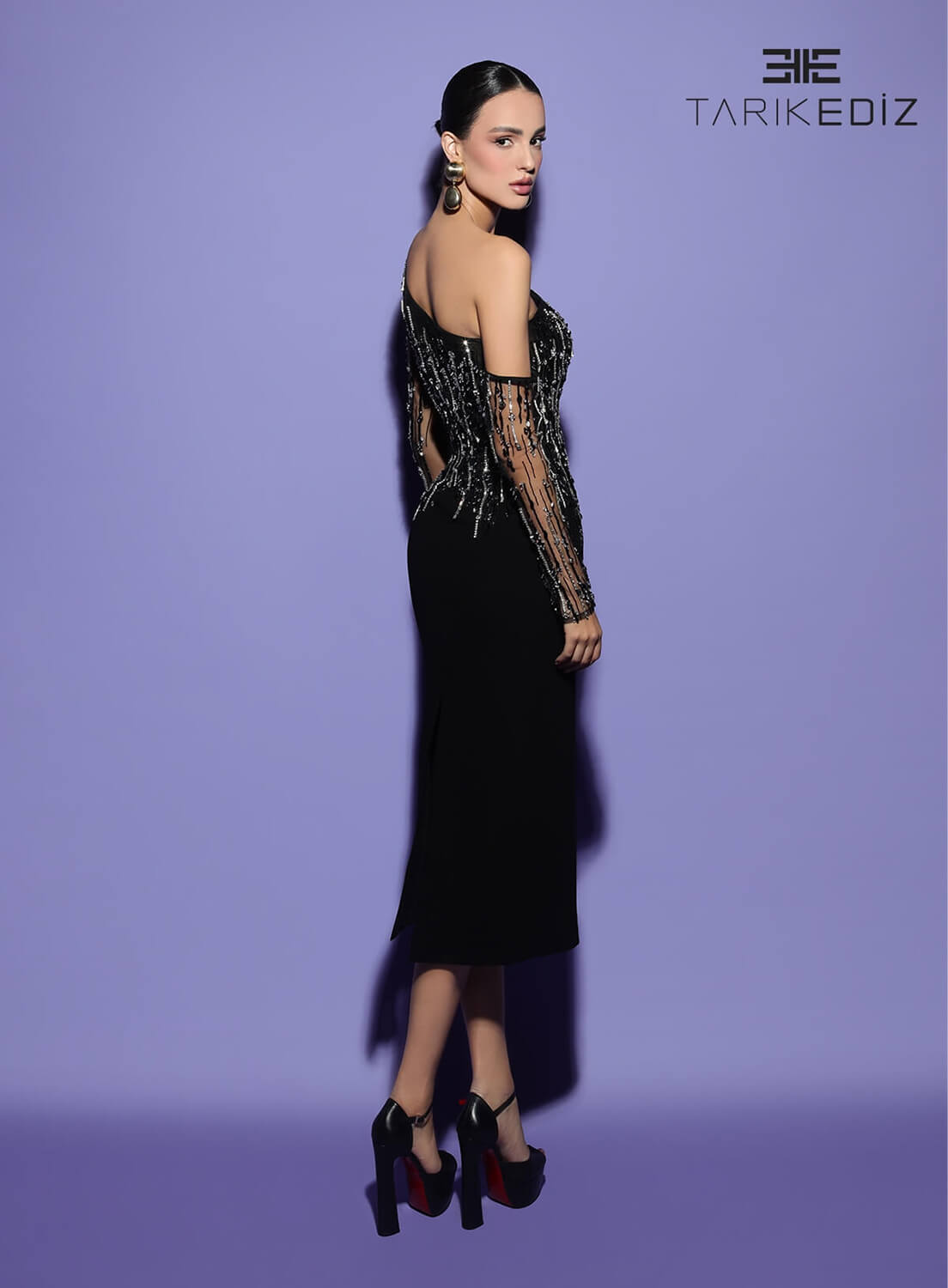 Tarik Ediz 98495 Glitter Tulle Fabric One Shoulder Neckline Fitted Long Dress