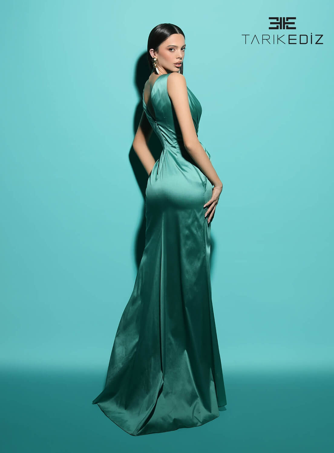 Tarik Ediz 98497 Taffeta Fabric Plunging Neckline Column Fitted Long Dress