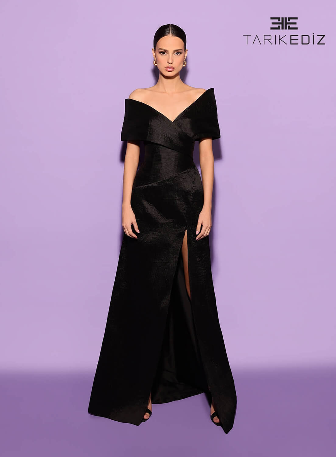Tarik Ediz 98507 Taffeta Fabric V-Neck Neckline Column Fitted Long Dress