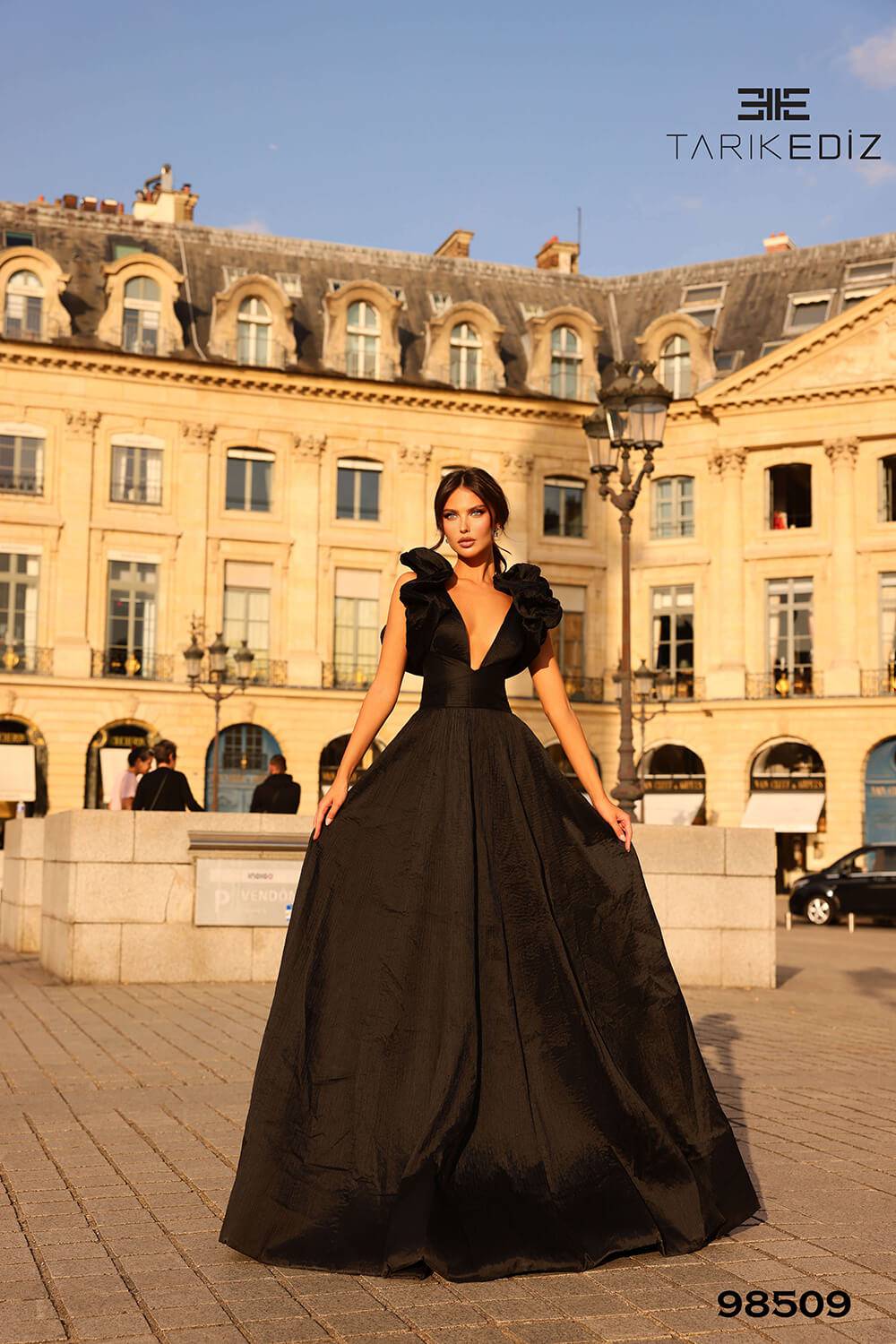 Tarik Ediz 98509 Taffeta Fabric Plunging Neckline Ball Gowns Long Dress