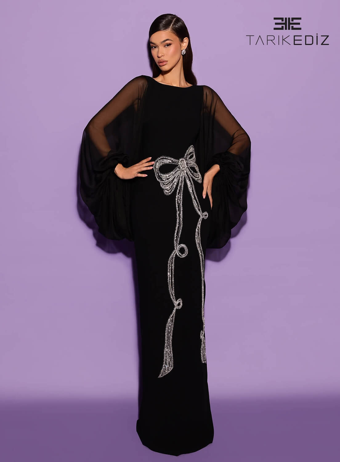 Tarik Ediz 98563 Crepe Fabric High Neckline Column Fitted Long Dress B Chic Fashions Long Dress Evening Gowns