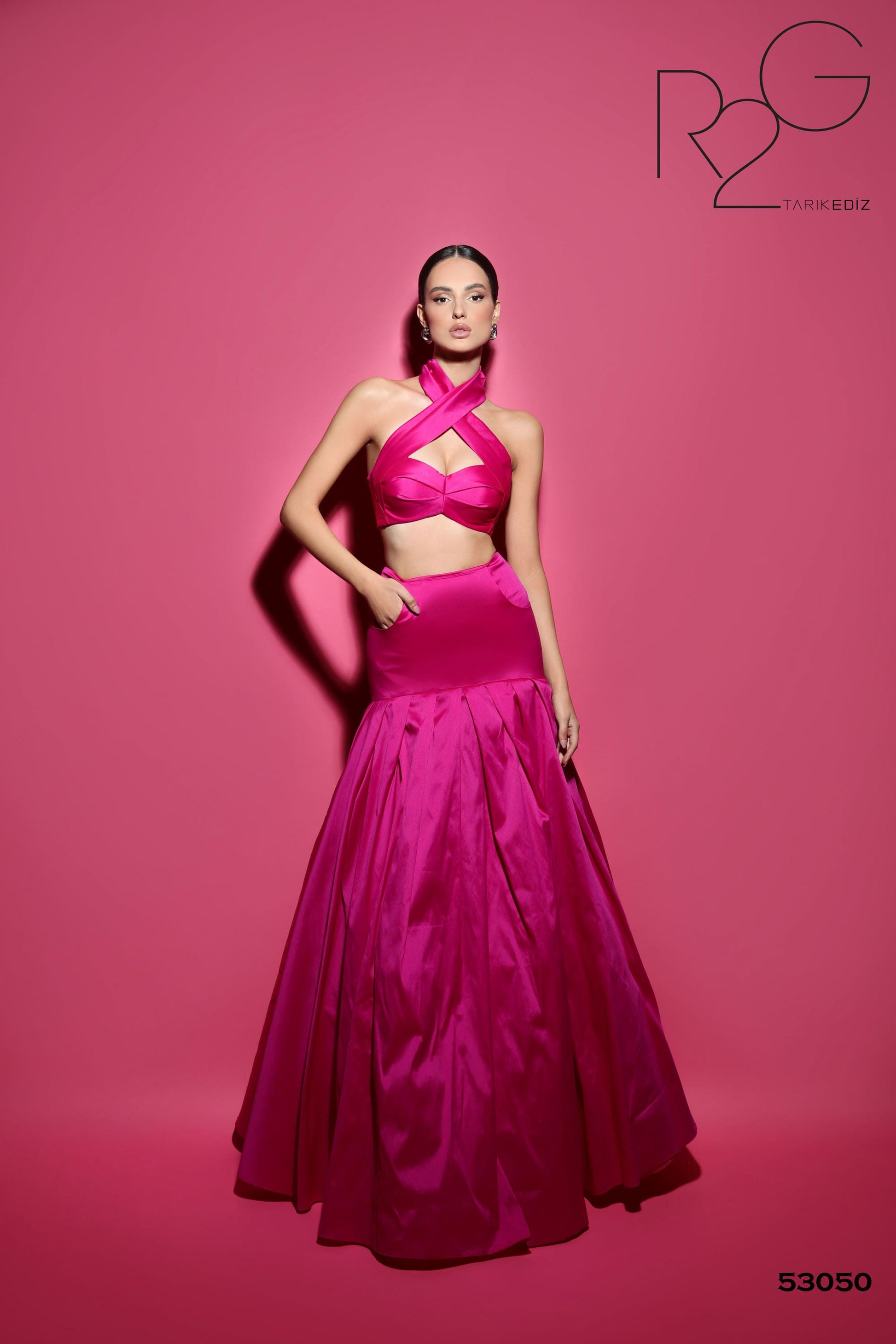 Tarik Ediz 53050 Taffeta Fabric Halter Sweetheart Neckline A-Line Long Dress