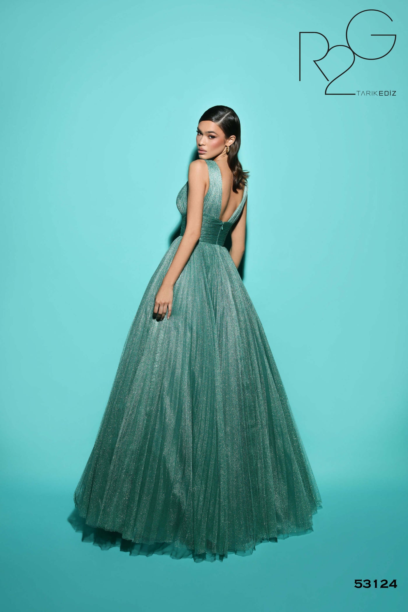 Tarik Ediz 53124 Glitter Tulle Fabric V-Neck Neckline Ball Gowns Long Dress