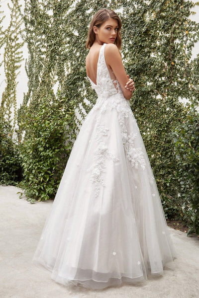 Andrea and Leo A1028W Floral applique long white sleeveless dress with deep illusion V-neck bodice secured with shoulder straps, sheer sides and open V-back. Layered tulle ball gown with floral diamond glitter and 3D organza flowers. Illusion V-neckline bodice with deep V-back. 