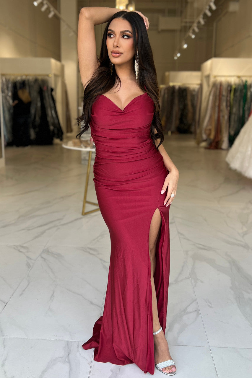 Emma Fitted Criss Cross Back Jersey Stetchy Prom Dress, Burgundy / 6 Emma Fitted Criss Cross Back Jersey Stetchy Prom Dress, Burgundy / 6